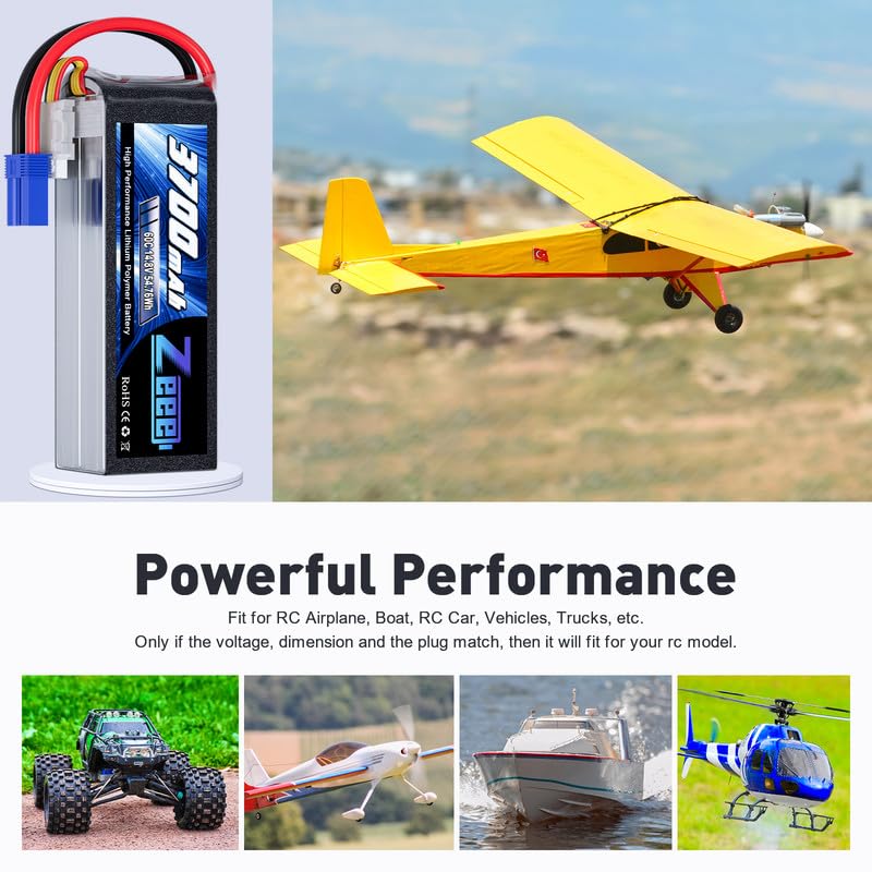 Zeee 4S Lipo Battery 3700mAh 60C 14.8V Soft Case Battery with EC5 Plug for RC Airplane Helicopter RC Boat UAV Drone FPV RC Car T