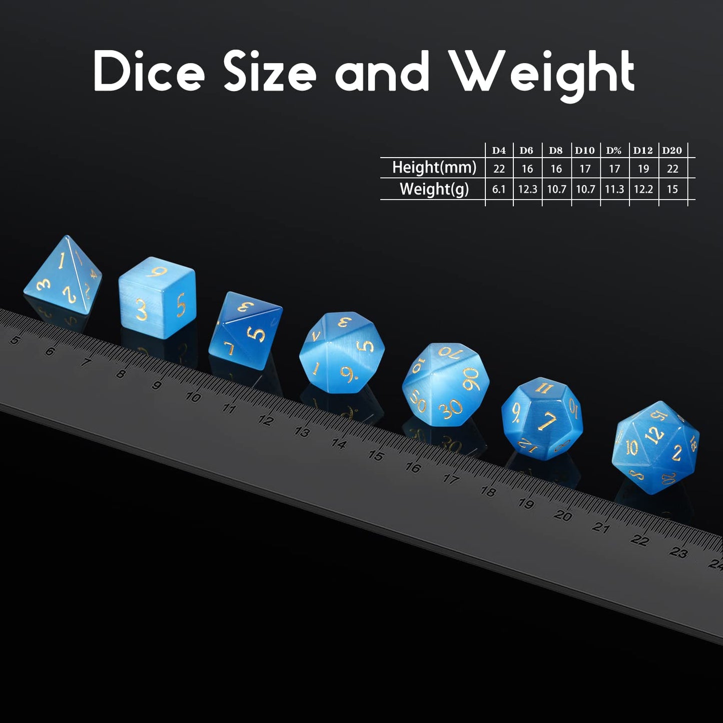 DNDND Gemstone Dice Set 7 PCS Aquamarine Dice with Gift Case for DND Dungeons and Dragon Tabletop Game (Blue Cat's Eye)