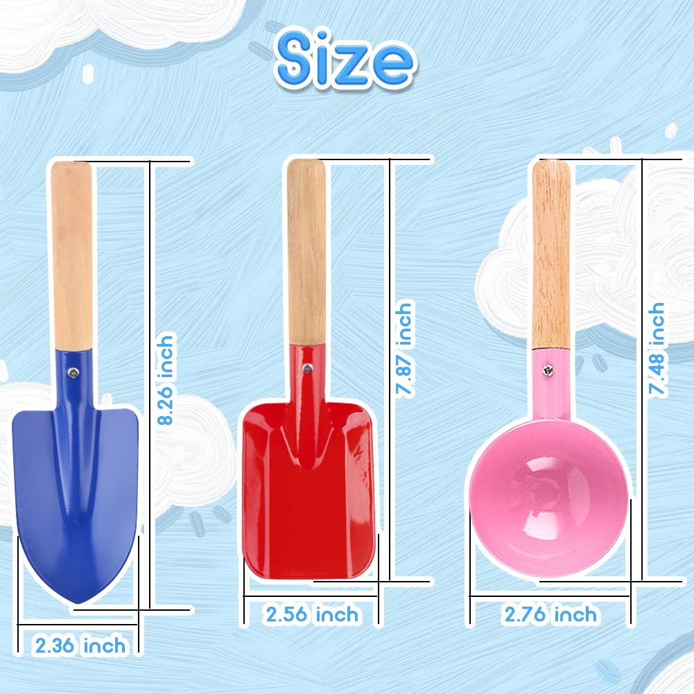 UMUACCAN 6 Piece Kids Beach Tools,Children Beach Sand Toys, Made of Metal with Sturdy Wooden Handle,Safe Beach Gardening Set,Spo