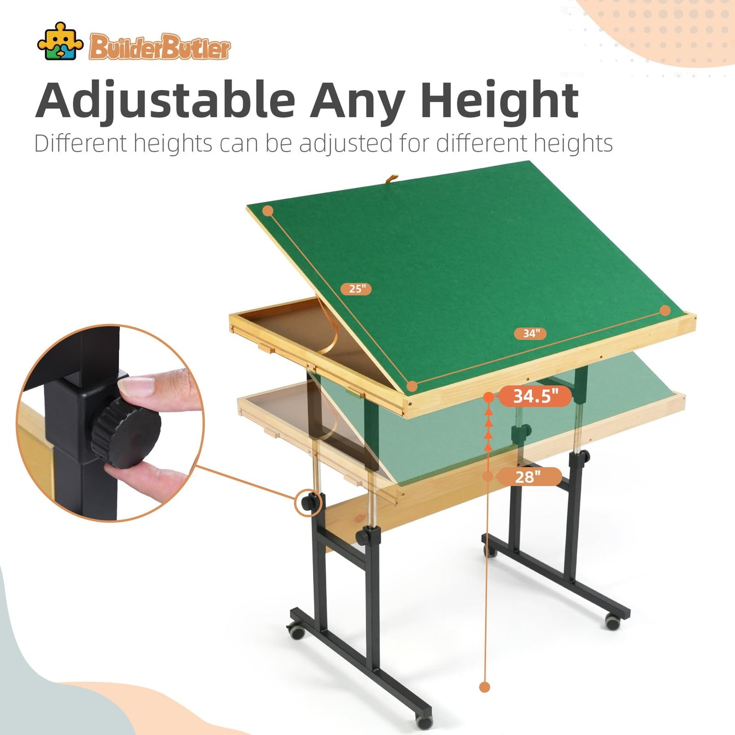 Builderbutler Dual-Layer 25''X34'' Adjustable Puzzle Table With Wheels,3-Tilting-Angle Adjustable Board With 4 Drawers And Cover
