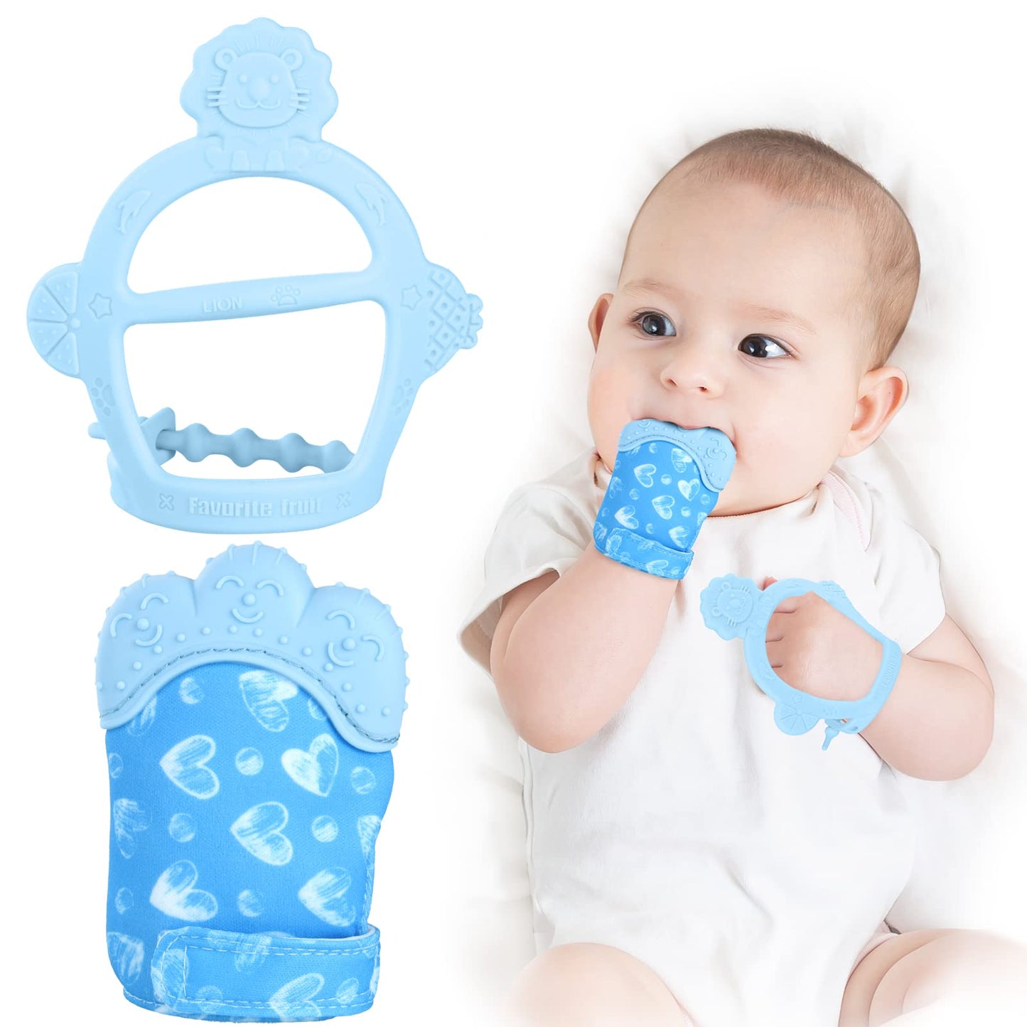 Vicloon Silicone Teething Mitt, 2Pcs Baby Teething Mitten With Adjustable Strap, Crinkle Sound And Textured, Self Soothing Baby