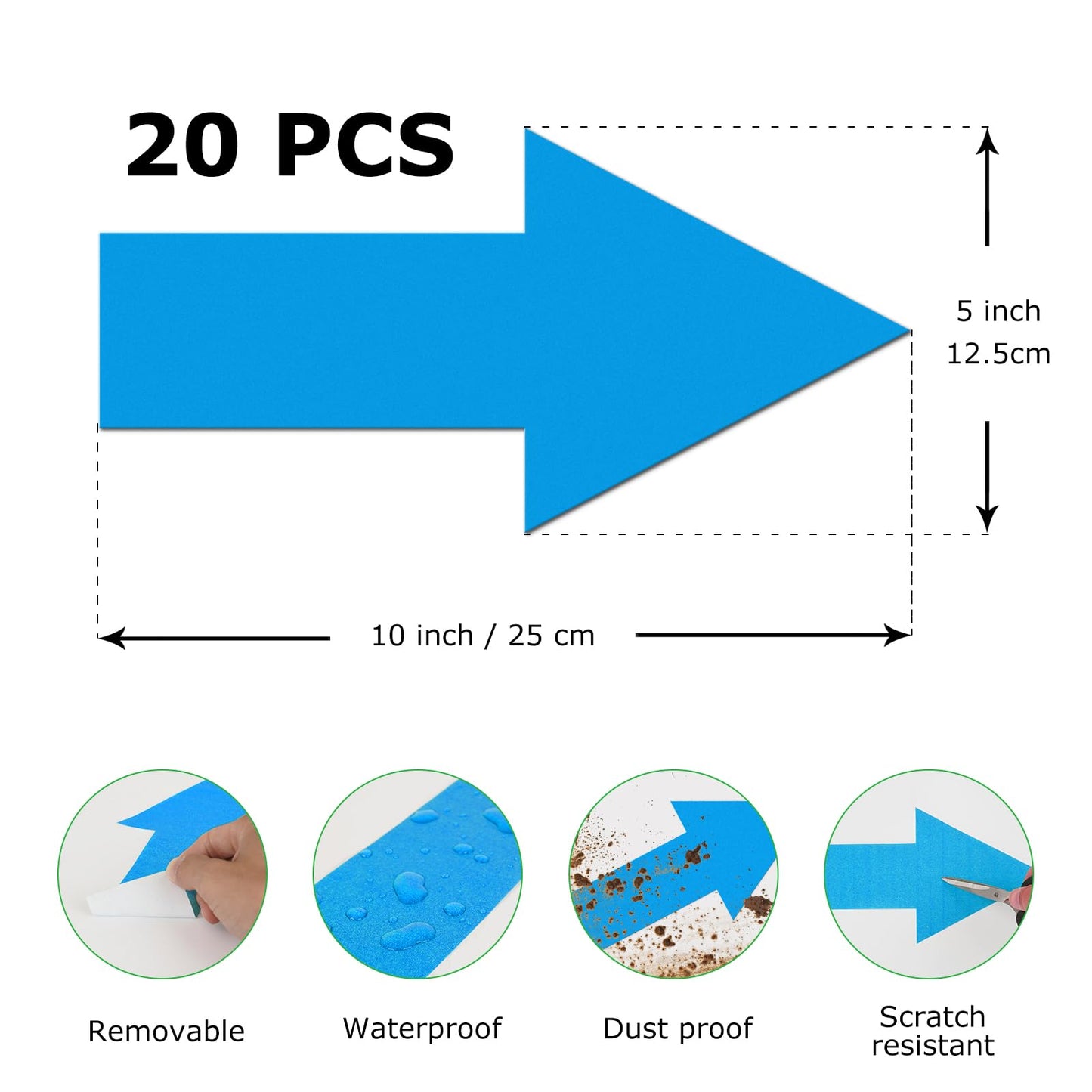 Arrow Floor Sticker Blue 10'' 5'' Directional Floor Decal Self-Adhesive Removable Waterproof Arrow Vinyl Sign 20 Pcs