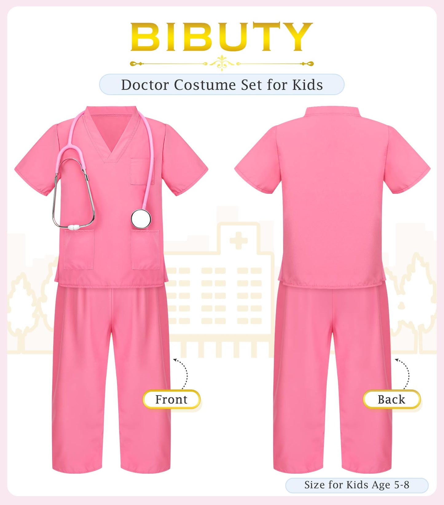 BIBUTY Doctor Costume for Kids Scrubs for Girls Boys, Pretend Play & Dress Up Clothes for Kids, Halloween Costumes for Girls Doc