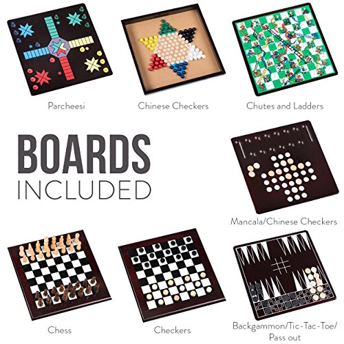 Board Game Set - Deluxe 15 In 1 Tabletop Wood-Accented Game Center With Storage Drawer (Checkers, Chess, Chinese Checkers, Parcheesi, Tictactoe, Solitaire, Snakes And Ladders, Mancala, Backgammon, Poker Dice, Playing Cards, Go Fish, Old Maid, And Dominos)