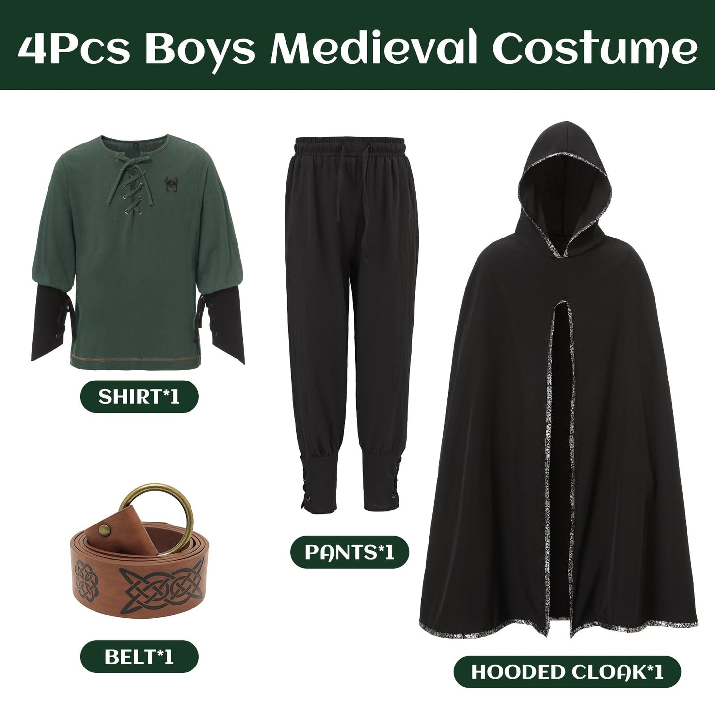 Ezuwail 4PCS Boys Renaissance Costumes Outfit Kids Medieval Viking Costume Sets for Halloween Boys Renaissance Accessories with