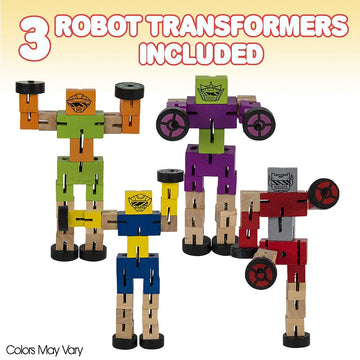Artcreativity Wooden Toy Robots - 3 Pack - Adorable Action Figures, Toy Cars In Assorted Colors For Boys And Girls - Develop Cognitive And Motor Skills - Fun Gift And Birthday Party Favors For Kids