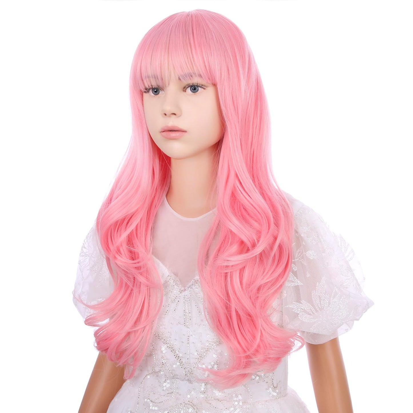 Wavelnm Kids Pink Wigs Child Long Curly Wavy Wigs Light Pink Wig For Girls Pink Wig With Bangs Synthetic Wig With Wig Cap