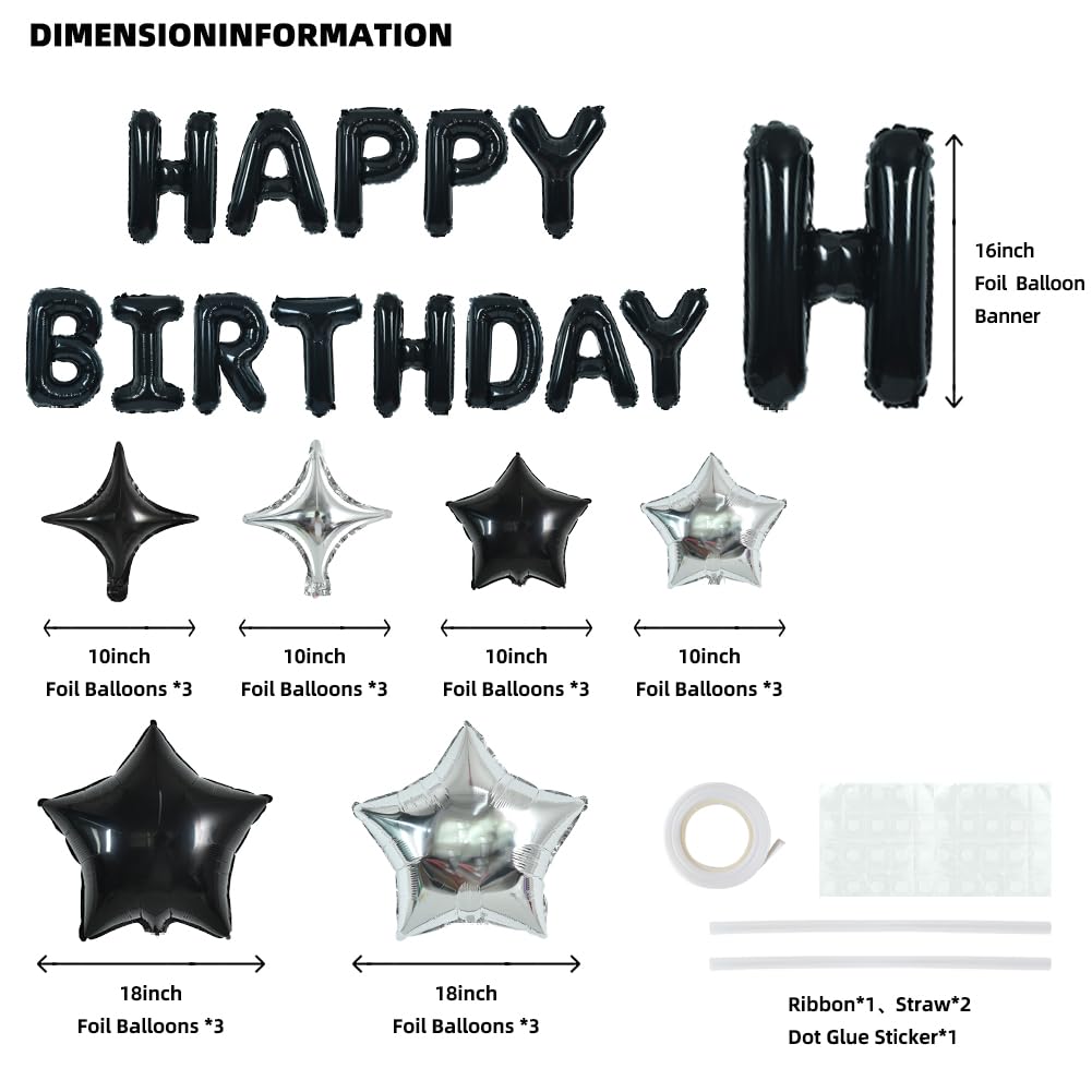Toniful 35Pcs Black Happy Birthday Decorations Kit 16 Inch Happy Birthday Balloon Banner With Star Balloons Mylar Foil Birthday