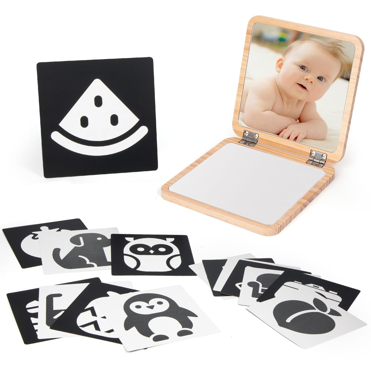 Woodtoe Tummy Time Mirror for Infant, 0-180 Adjustable Baby Mirrors with 15 Black and White Educational Cards, Shatterproof & Po