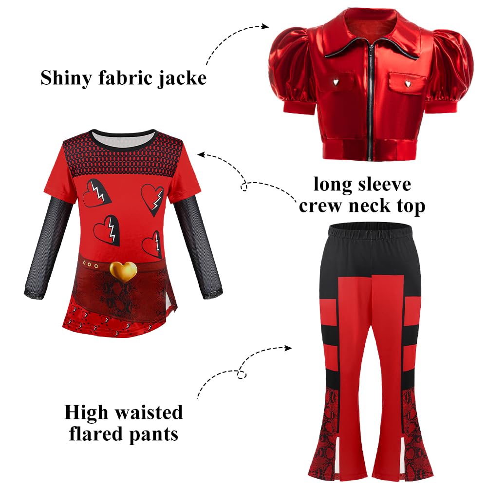 Grivos Girl Red Chrismas Costume For Kid Rise Red Princess Costume Short Sleeves Jacket Top Flared Pants Wig 4Pcs 3-10Y