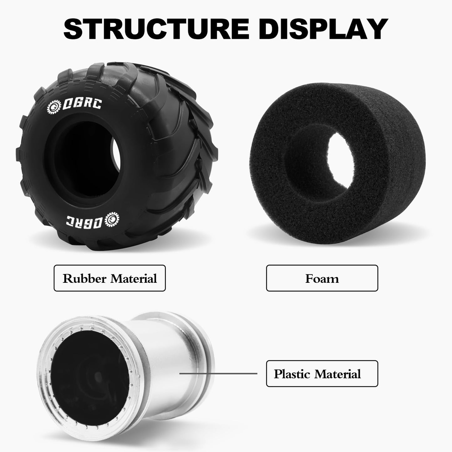 OGRC 1.0 RC Monster Truck Wheel Rim Tires Set for FCX24 SCX24 C10 JLU Deadbolt Gladiator Bronco 1/24 Crawler Car (Silver)