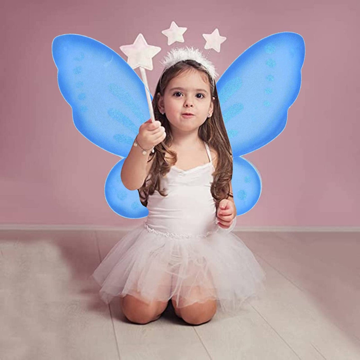Nenmatte Fairy Girls Wings,Butterfly Wing Costumes For Birhday Party,Sparkle Angel Wings Halloween Costume Dress Up For Kids Women (Blue)