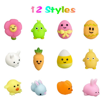 Qingqiu 24 Pcs Easter Mochi Squishy Toys Stress Relief Squishies For Kids Boys Girls Toddlers Easter Basket Stuffers Egg Fillers