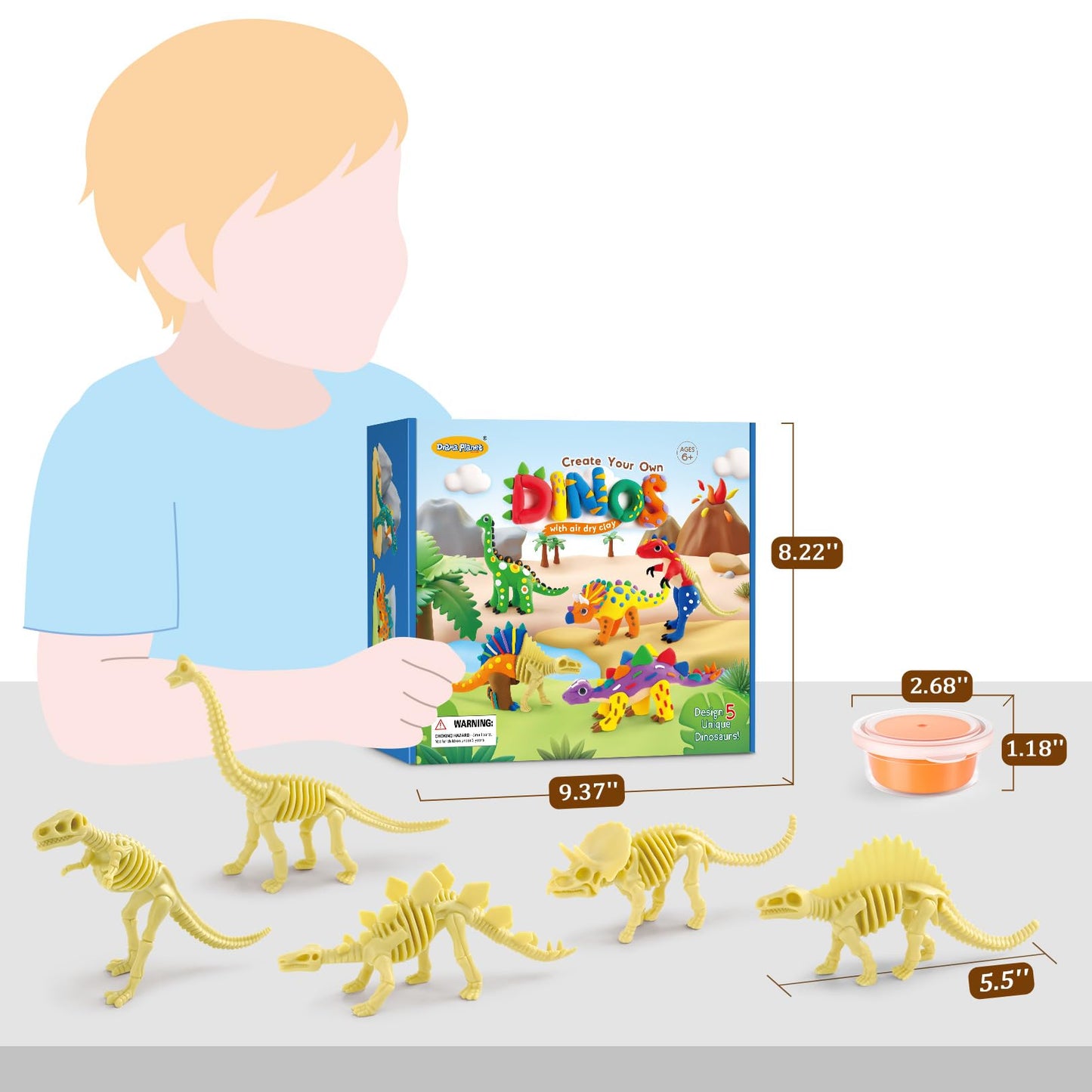 Drama Planet Dinosaur Air Dry Clay Kit - Create 5 Dinosaur Models with 12 Colors of Modeling Clay, Instruction Guide - Fun & Edu