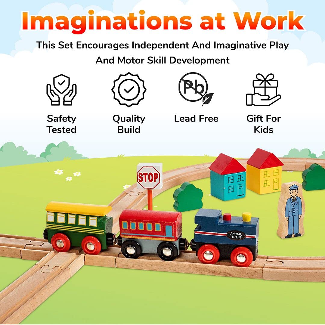 On Track Usa Wooden Train Set 35 Piece All In One Wooden Toy Train Tracks Set With Magnetic Trains And Railway Accessories, Come