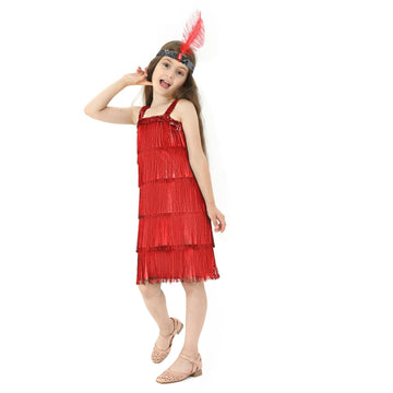 Leadtex Girl'S 20S Flapper Dresses Costume Dress Childrens Party Fringed Dresses With Feather Headband,Size S(4-6,Red