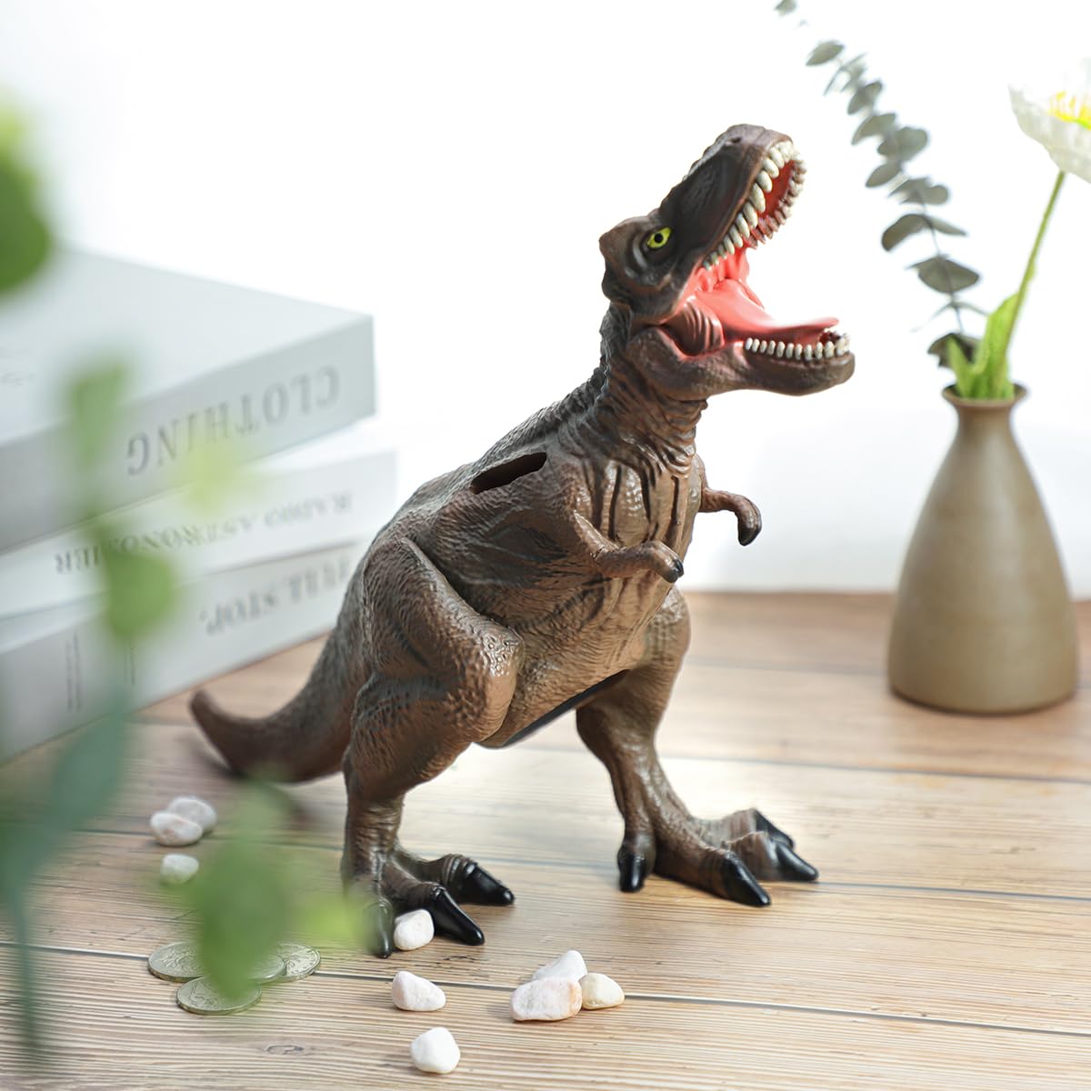 Massjoy Resin Brown Dinosaur T-Rex Piggy Bank, Boy Birthday Present.