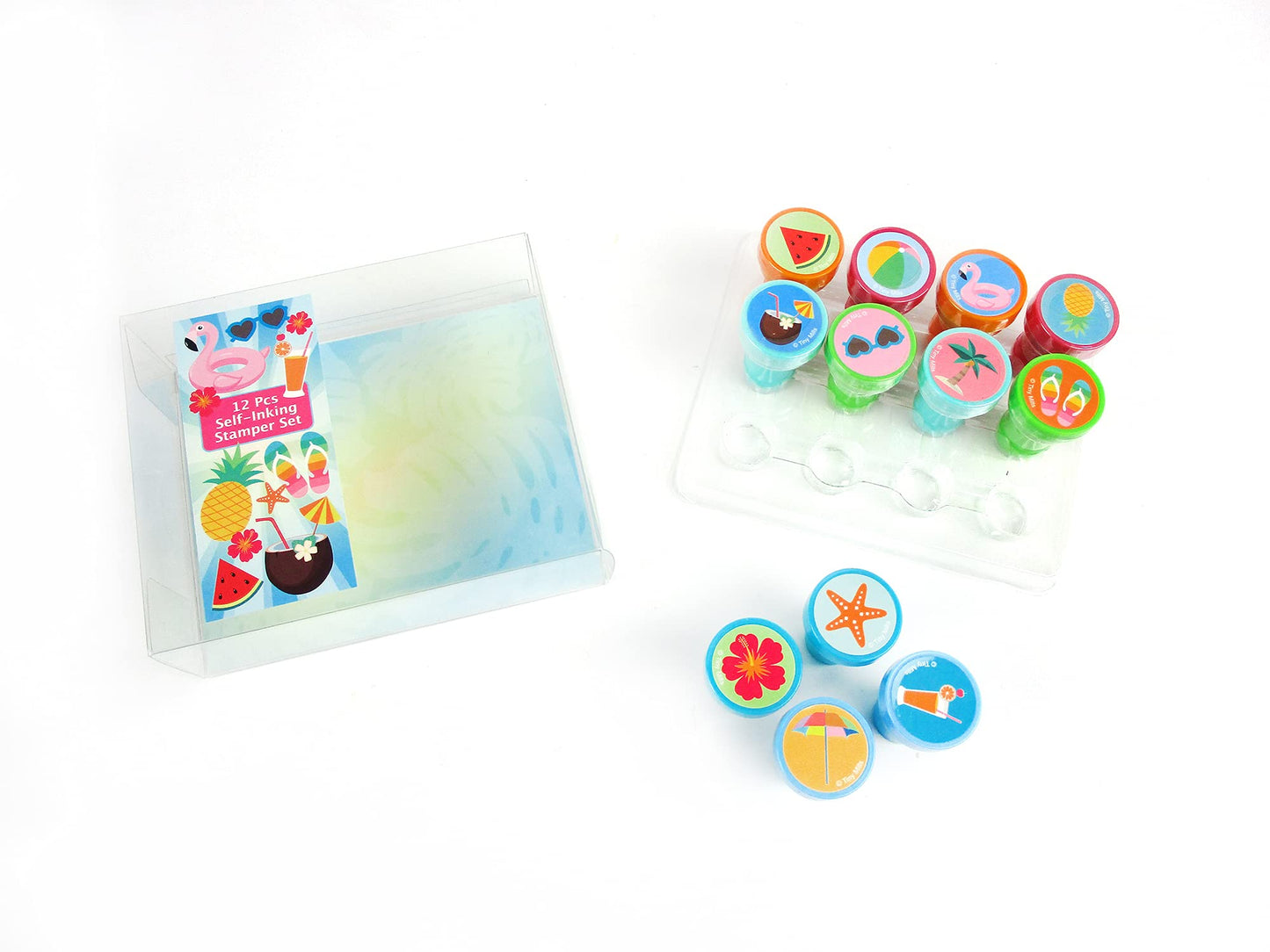 12 Pcs Summer Beach Pool Party Stamp Kit for Kids Self Inking Stamps Gift Party Favors