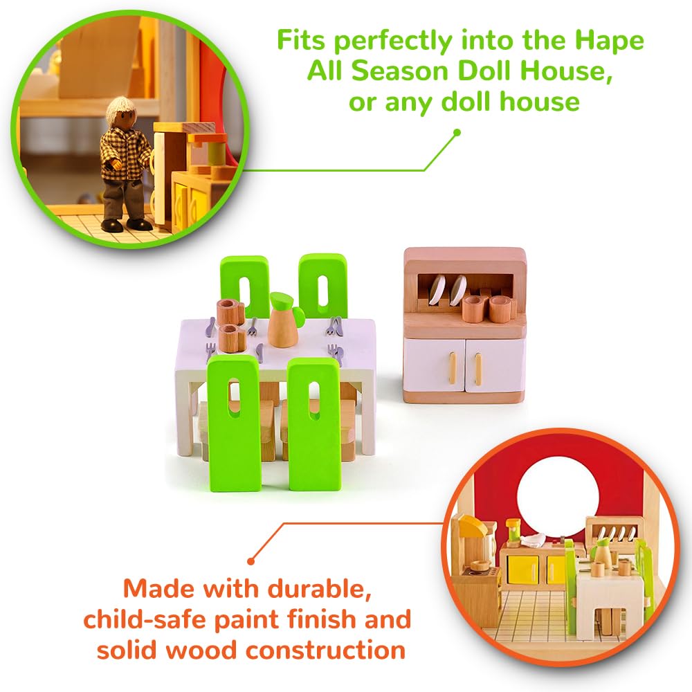 Hape Wooden Doll House Furniture Dining Room Set With Accessories| 1:12 Scales Miniature Dollhouse Furniture