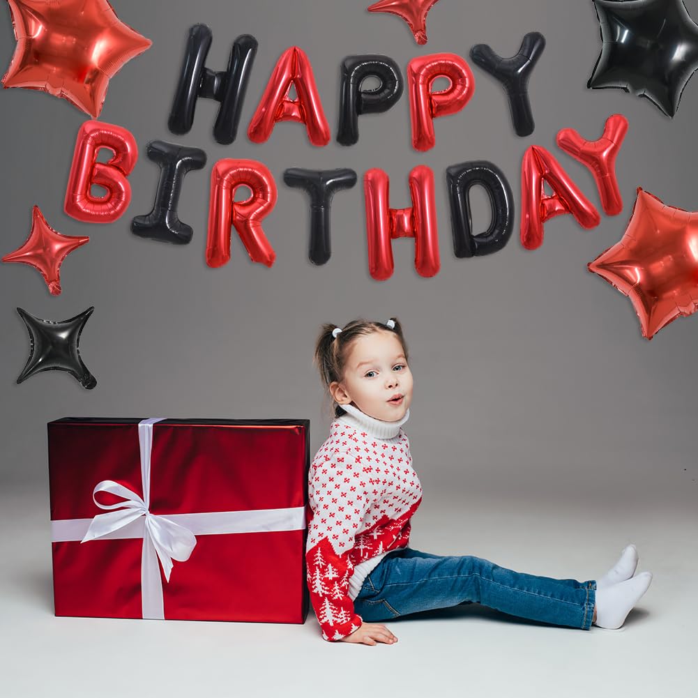 Toniful 35Pcs Black And Red Happy Birthday Decorations 16 Inch Happy Birthday Balloon Banner With Star Balloons Mylar Foil Birth