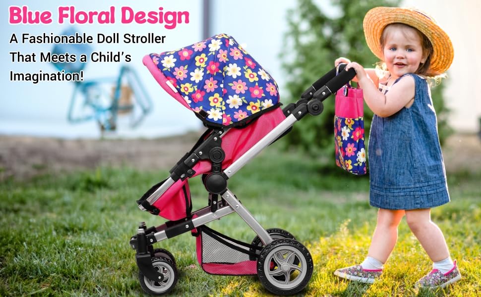 Fash N Kolor | Foldable Pram For Baby Doll With Flower Design With Swiveling Wheel Adjustable Handle Bassinet Stroller With Baby