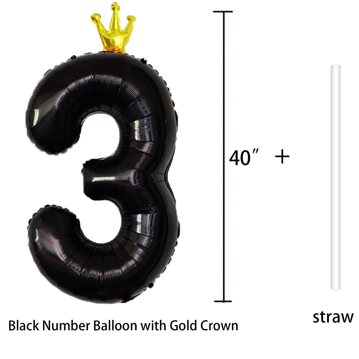 Gifloon Black Number 3 Balloon With Crown, Large Number Balloons 40 Inch, 3Rd Birthday Party Decorations Supplies Third Birthday