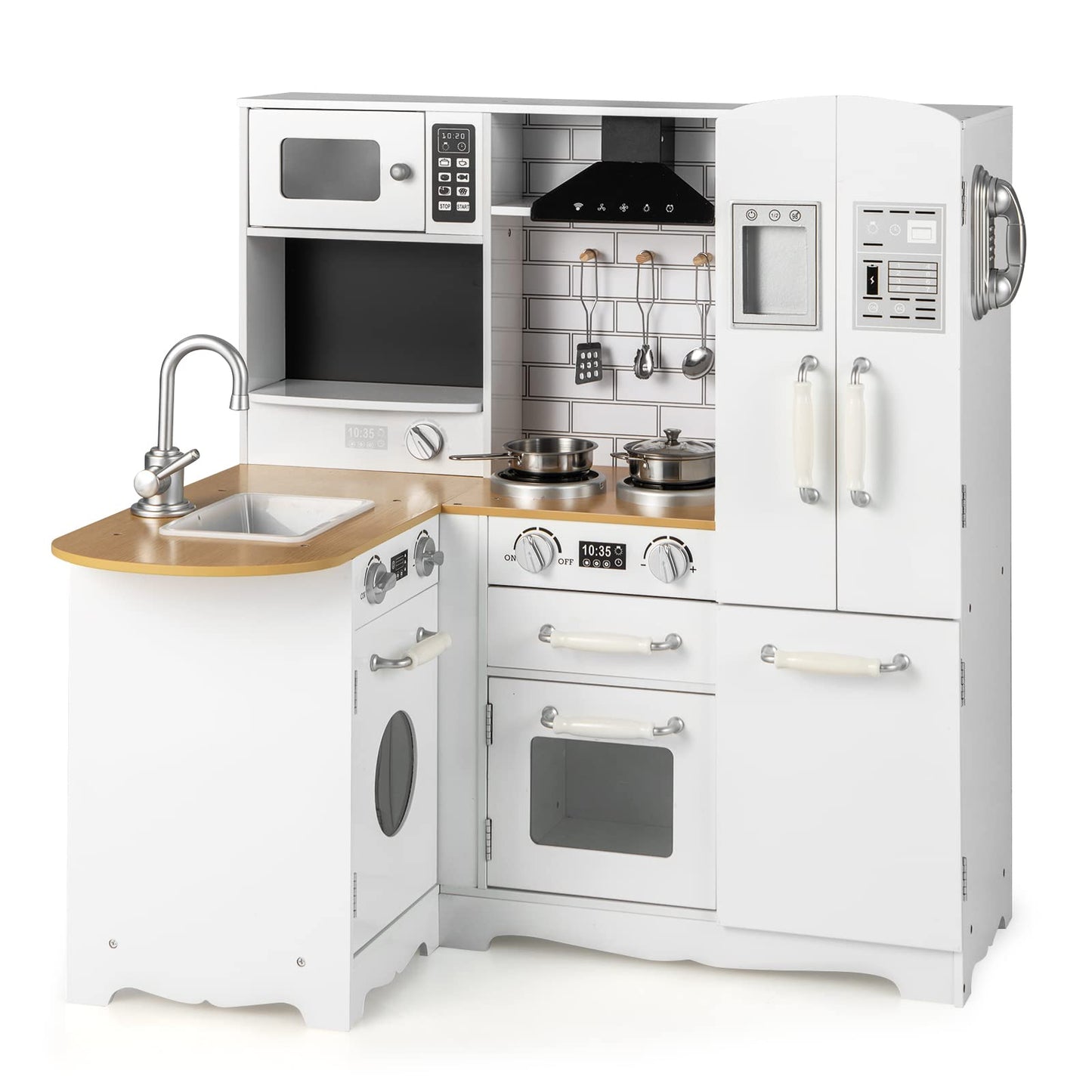 Costzon Corner Kids Kitchen Playset, 11-in-1 Wooden Toy Kitchen Set with Realistic Washing Machine, Microwave, Oven, Stove, Refr