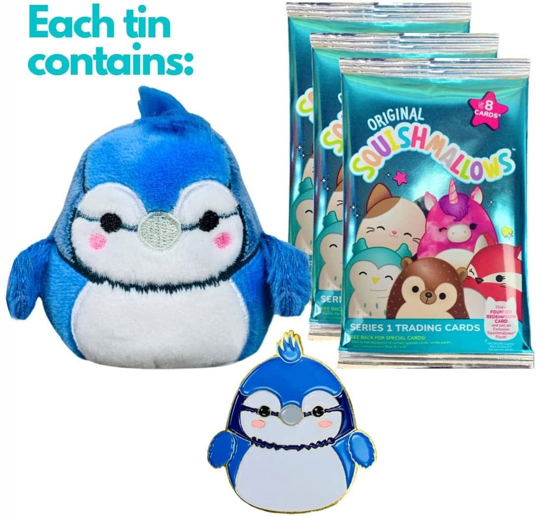 Squishmallow Official Kellytoy Collector 's Tin Set with Micromallow limited availability Pin and Trading Cads Choose Your Favorite or Collect Them All (Babs The Blue Jay)