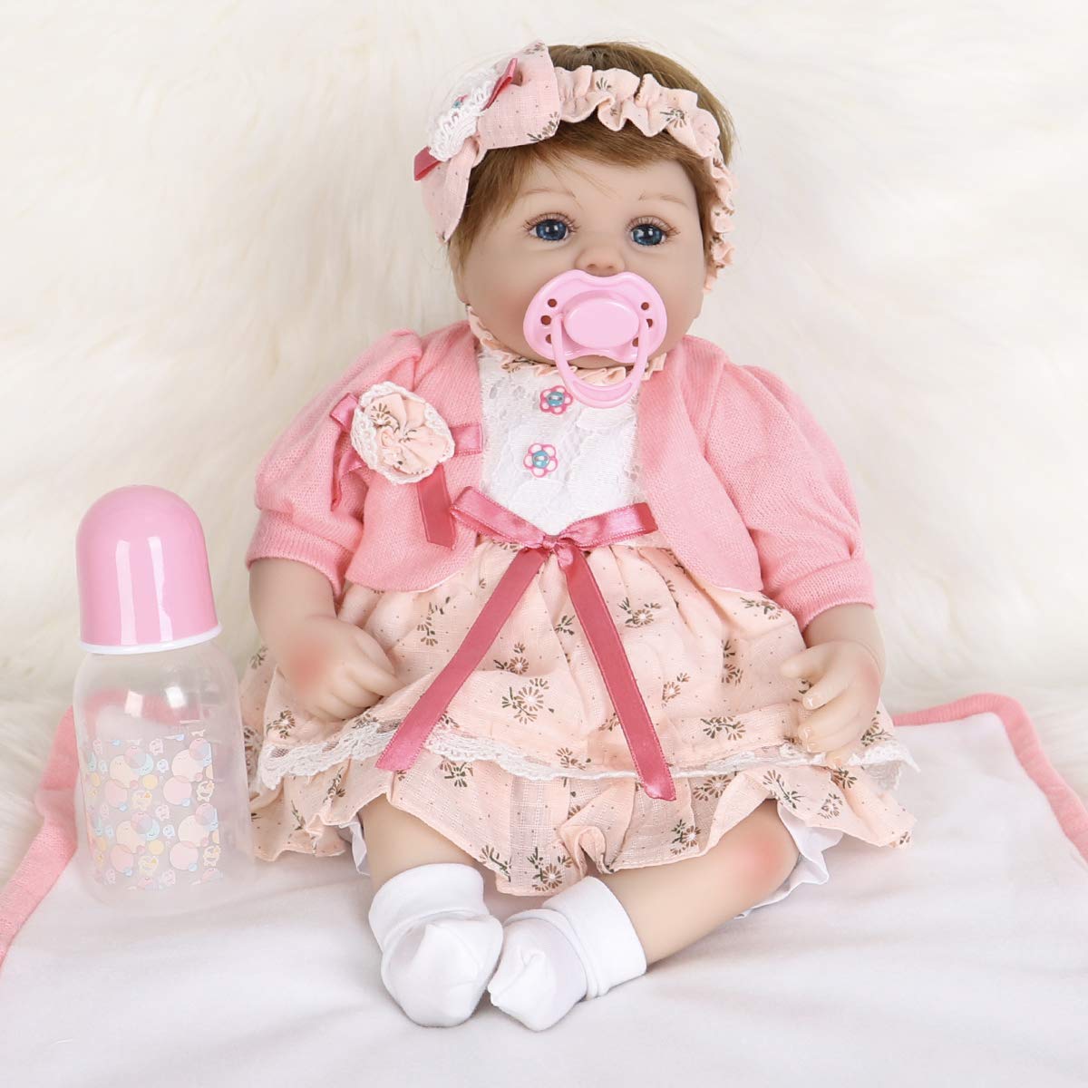 Enadoll Reborn Baby Doll Realistic Silicone Vinyl Baby Pink Hairband Girl 16 Inch Weighted Soft Body Lifelike Doll Gift Set For Ages 3+(Pink Hairband)