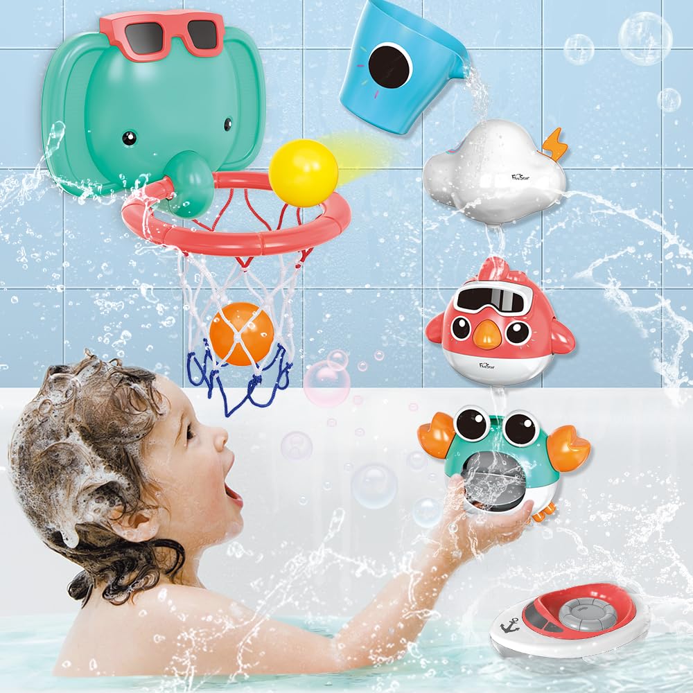 Vatos Baby Bath Toys, Elephant Basketball Hoop Bathroom Baby Toys For Babies Boys Girls 1 Year Old, Baby Bathtub Playset With Bird, Crab, Clouds, Yacht Best Bath Gift For Toddlers 1-3