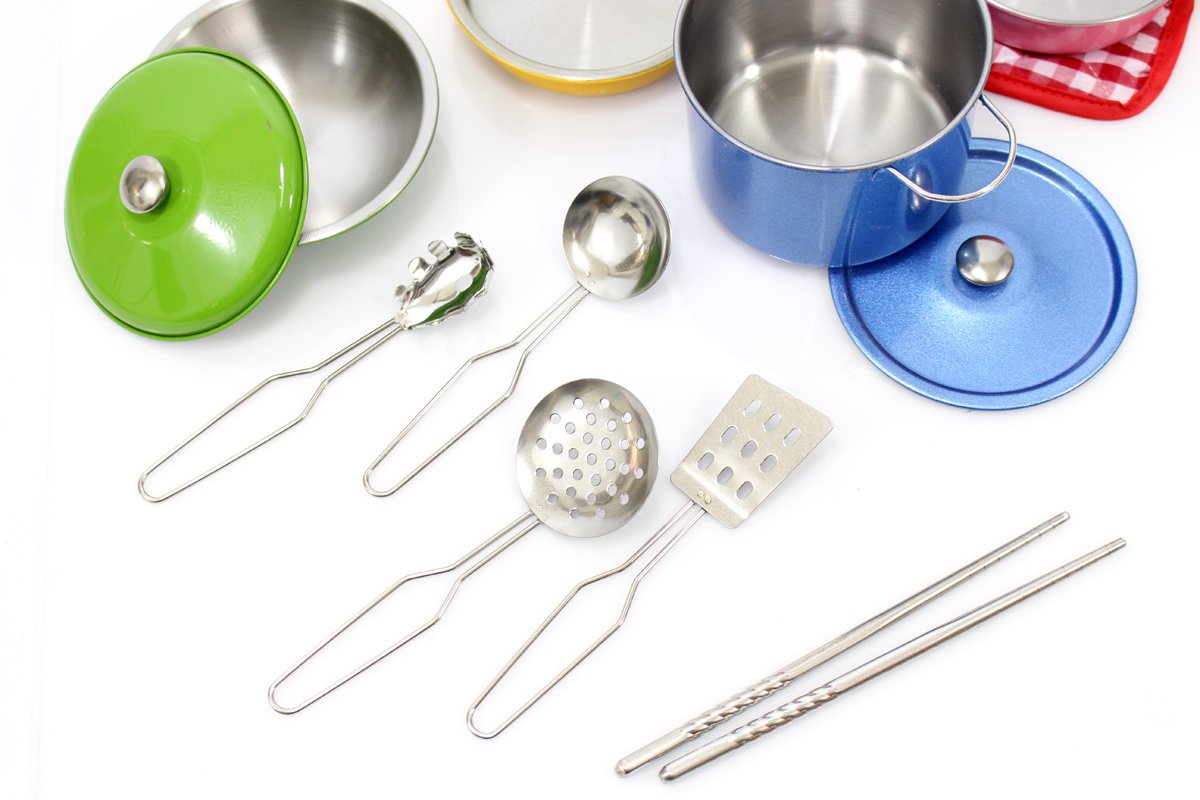 Powertrc Colorful Metal Pots And Pans Cookware With Utensils Playset For Kids