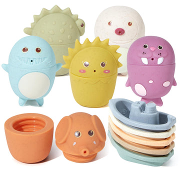 Amchsuri Mold Free Bath Toys For Kids Ages 1-3 | 11 Pcs Stackable Bath Boats & Animal Squirt Bathtub Water Toys For Babies 6-12 Months