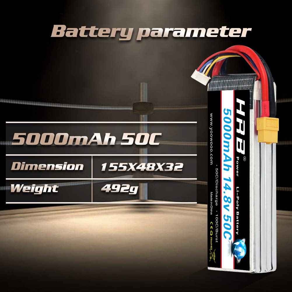 HRB 4S Lipo Battery 5000mAh 14.8V 50C XT60 RC Lipo Battery Compatible with RC Helicopter Airplane Car Boat Truck