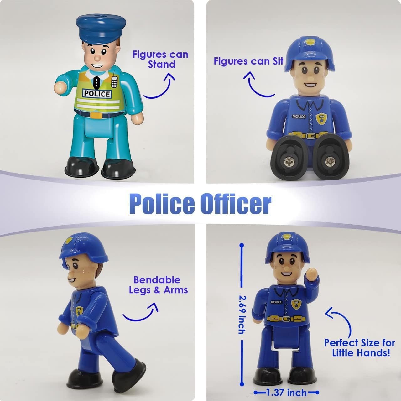 Funerica Police Officer Toy Figures- 4 Detailed Policeman & Police Chief - Imaginative Play Police Action Figures For Toddlers & Kids Roleplay - Little People Figurines - Mini Community Helpers
