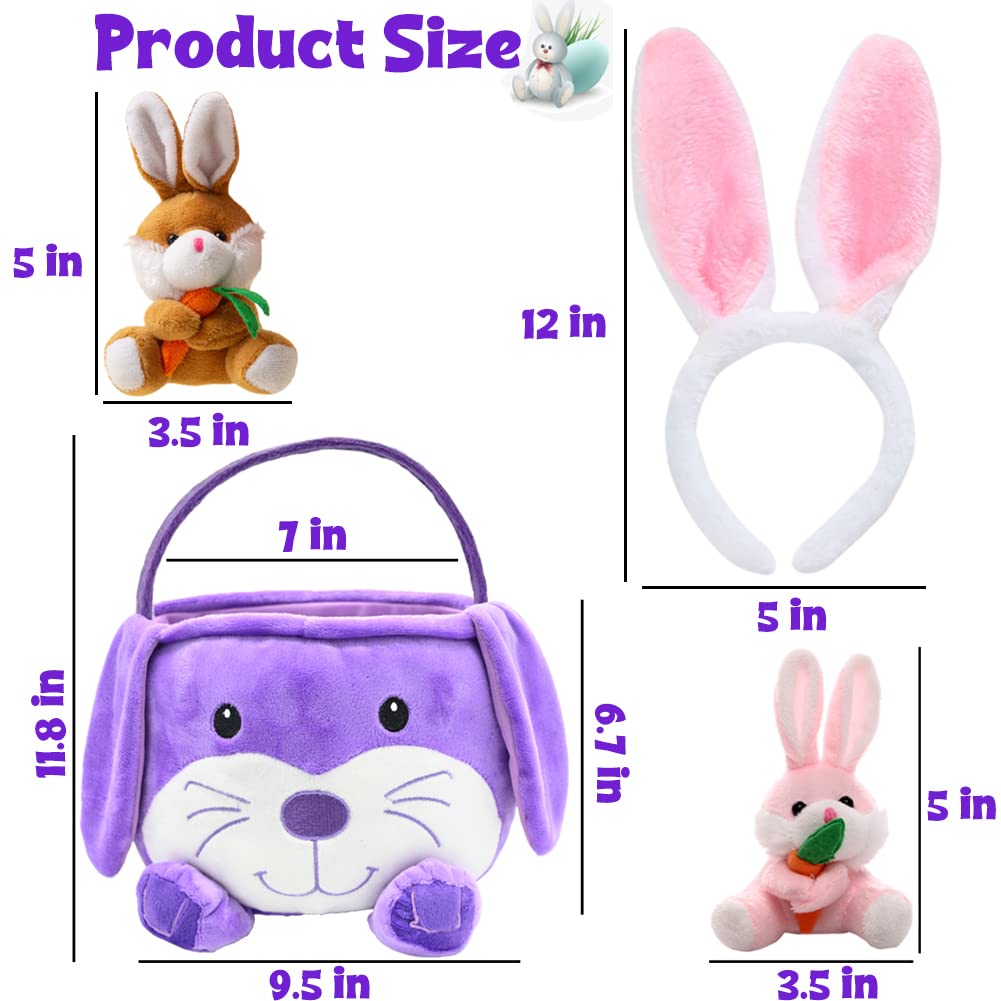 Easter Bunny Basket With 3 Rabbit Duck Keychains 1 Ears, Cute Plush Handle For Baby Girls Boys Party Favors, Gifts Bag Hunt Bag, Decorations Supplies
