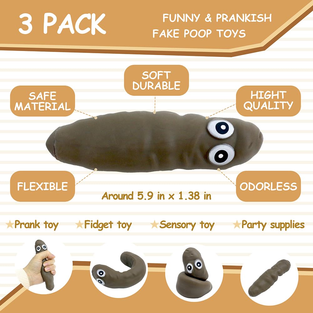 Deermon Novelty 3 Pack Funny Stretchy Sensory Stress Relief Poo Toys, Joke Tricky Fidget Anxiety Prank Poop Shape Autism Toy For