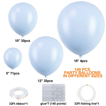 140Pcs Pastel Blue Balloons Baby Blue Balloon Garland Arch Kit 5/10/12/18 Inch Latex Light Blue Balloons Different Sizes As Gend