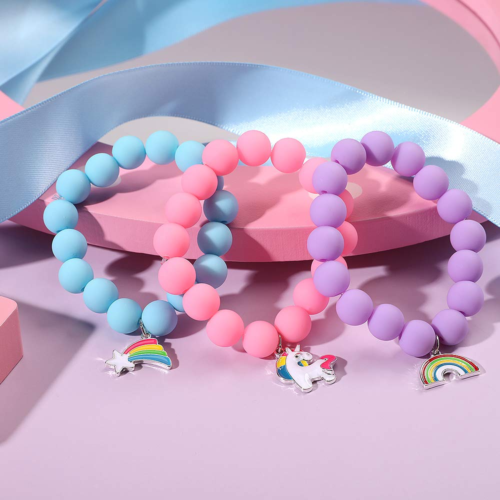PinkSheep Unicorn Beads Pendant Bracelet for Kid Girl, 6PC, Rainbow Monster Sun Flower Heart Meteor Charm Friendship Bracelet Go