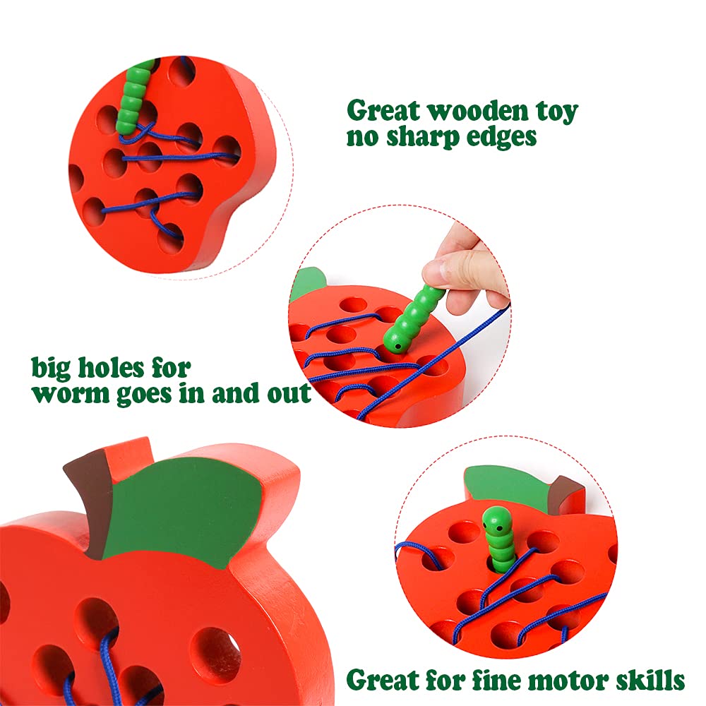 NAODONGL Wooden Lacing Toys for Toddlers, Medium Apple Color, Montessori Fine Motor Skills Development, Model CXWJ-APPLE