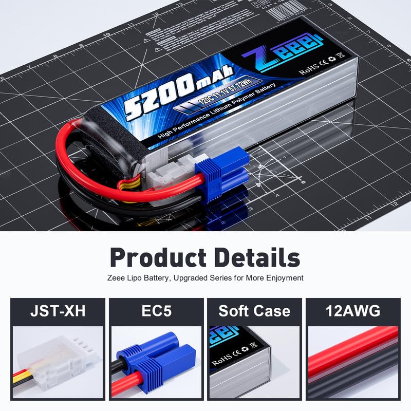 Zeee 3S LiPo Battery 5200mAh 11.1V 120C with EC5 Connector Soft Pack RC Battery for RC Plane Quadcopter Airplane Helicopter RC C