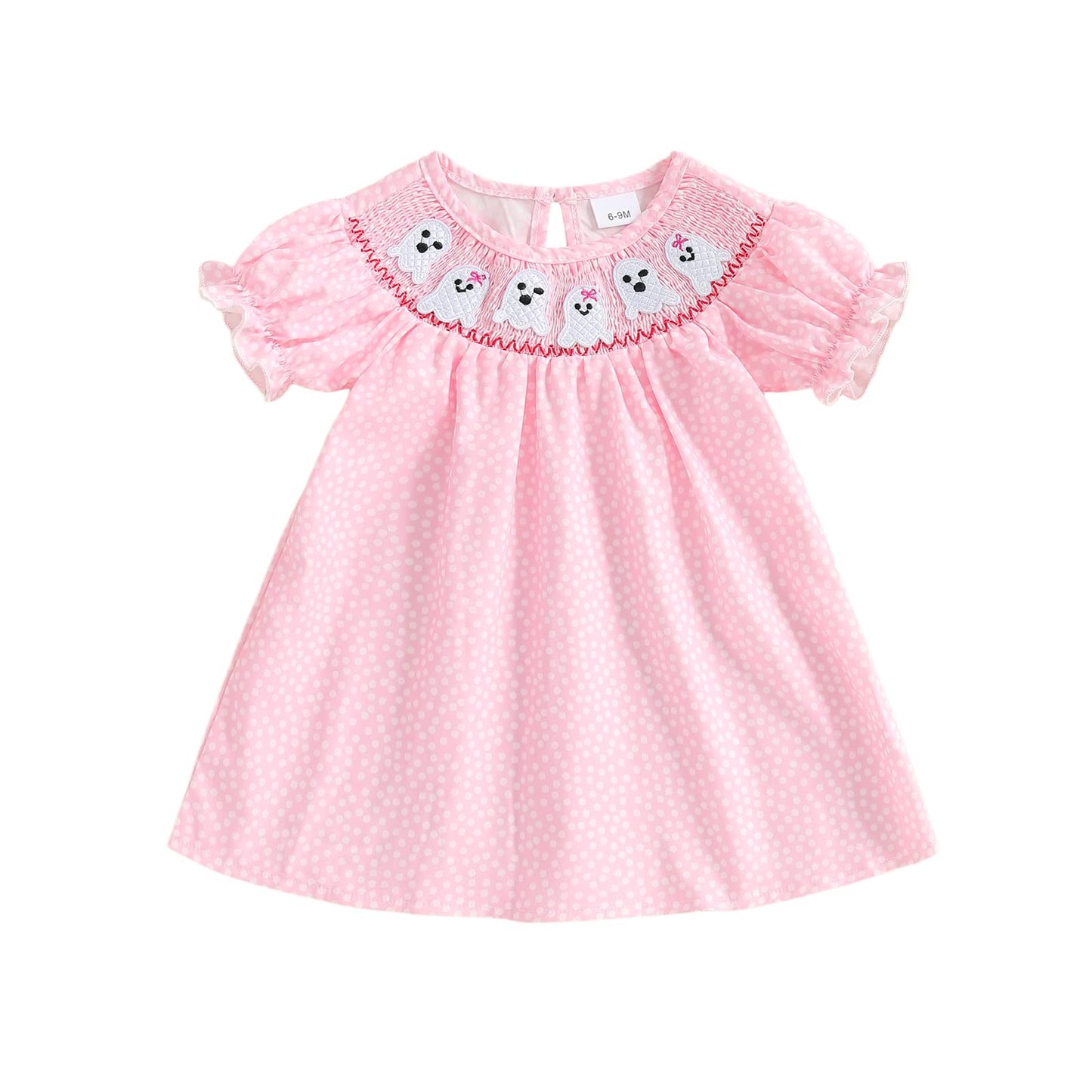 Toddler Girl Back To School Clothes Embroidery Smocked Dress Doll Collar Sundress First Day Of Pre Kindergarten Outfit (Ghost-Pi