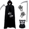 Kitimi Halloween Grim Reaper Costume Set 4 PCS Grim Reaper Hooded Cape with Skeleton Gloves Grim Reaper Scythe