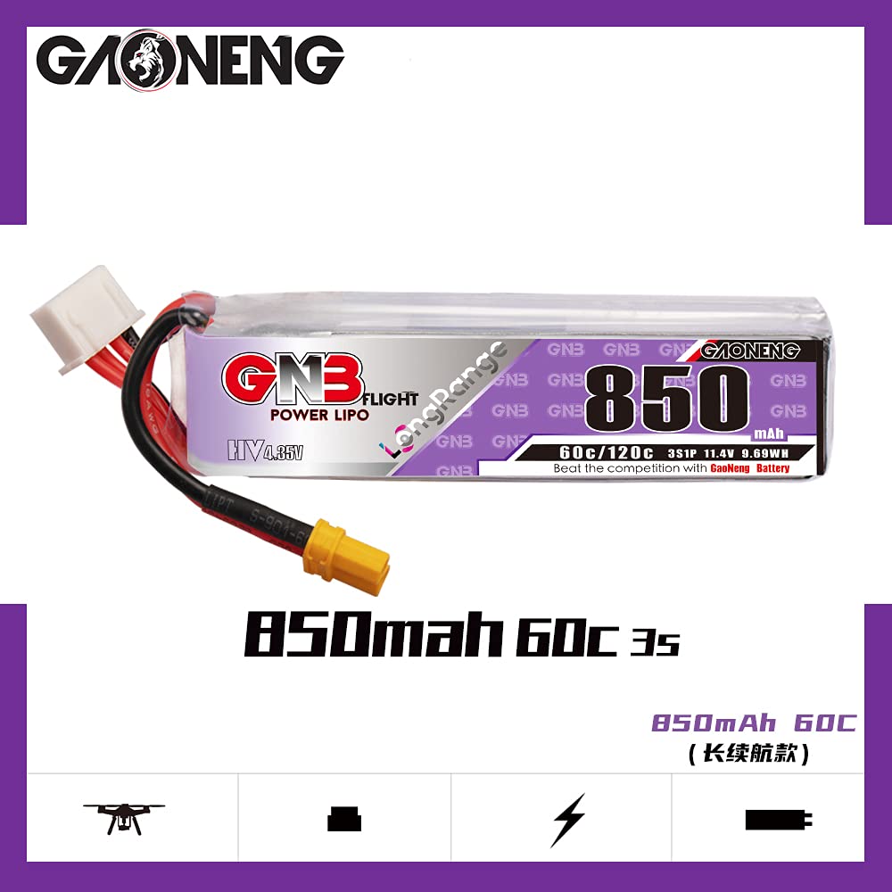 GAONENG 2pcs GNB LiPo Battery 850mAh 3S 11.4V HV 60C 120C Long Range XT30 Connector Long Type for Cinewhoop Mini Micro FPV Frees