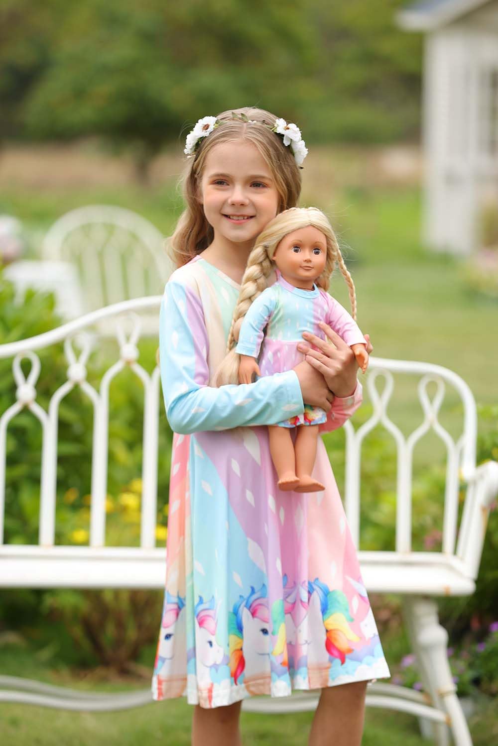 Bow Dream Cute Girl Dress And Matching American Girl Doll Clothes Accessories For Girls Dresses Size 130 Pink Unicorn