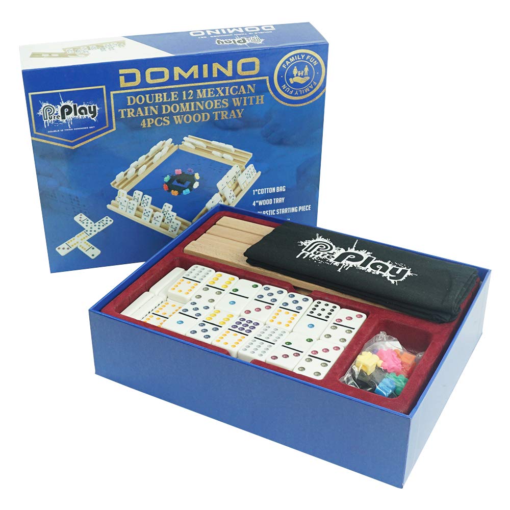 Pureplay Mexican Train Dominoes Set - Double 12 Colored Dot Dominoes - Includes 91 Tiles With 9 Trains, 4 Wooden Trays And Storage Bag For 2-8 Players Ages 8+