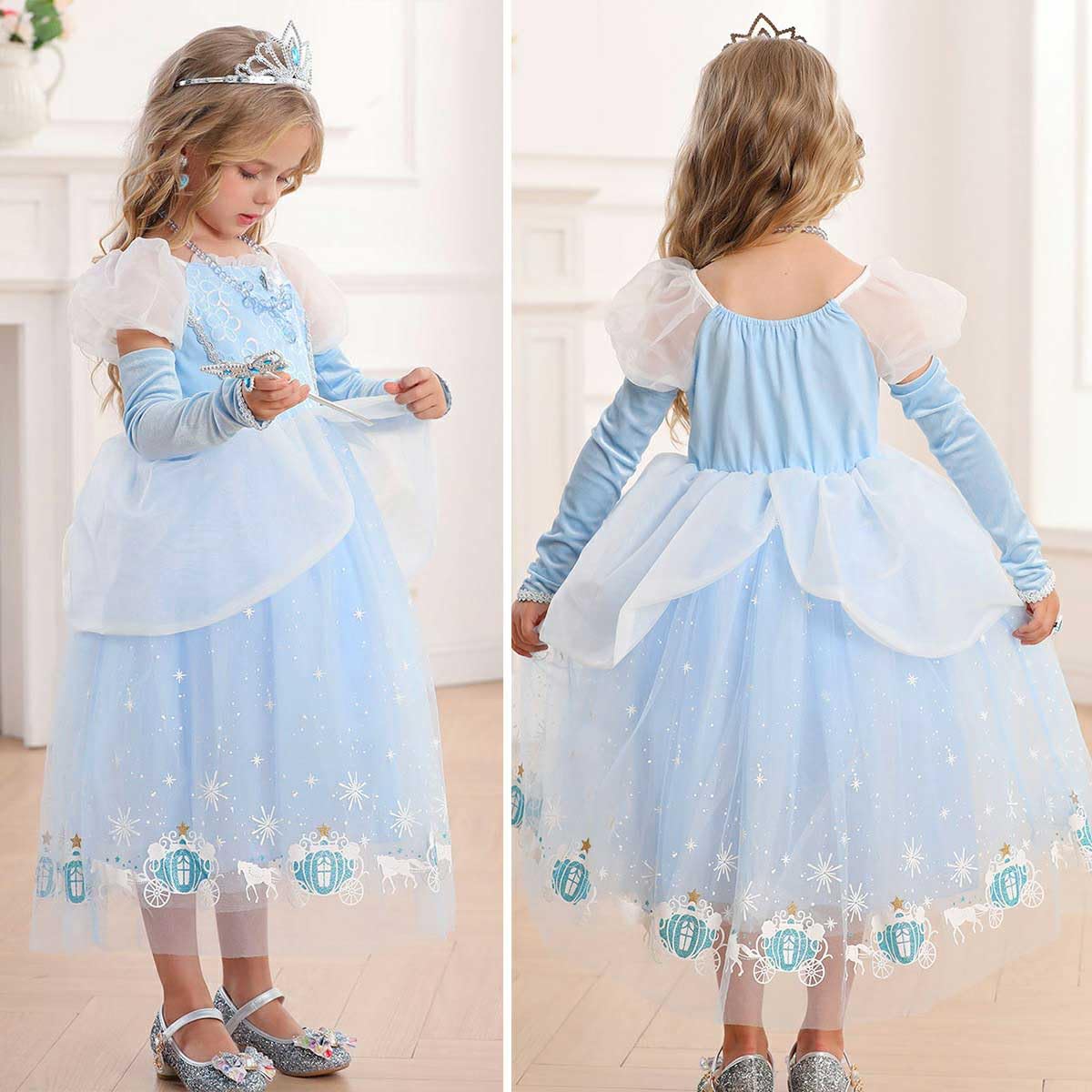 Itvti Cinderella Dress For Girls Kids Blue Princess Costume Halloween Carnival Fancy Dress Up For Cosplay, 6-7 Years(Tag 140)