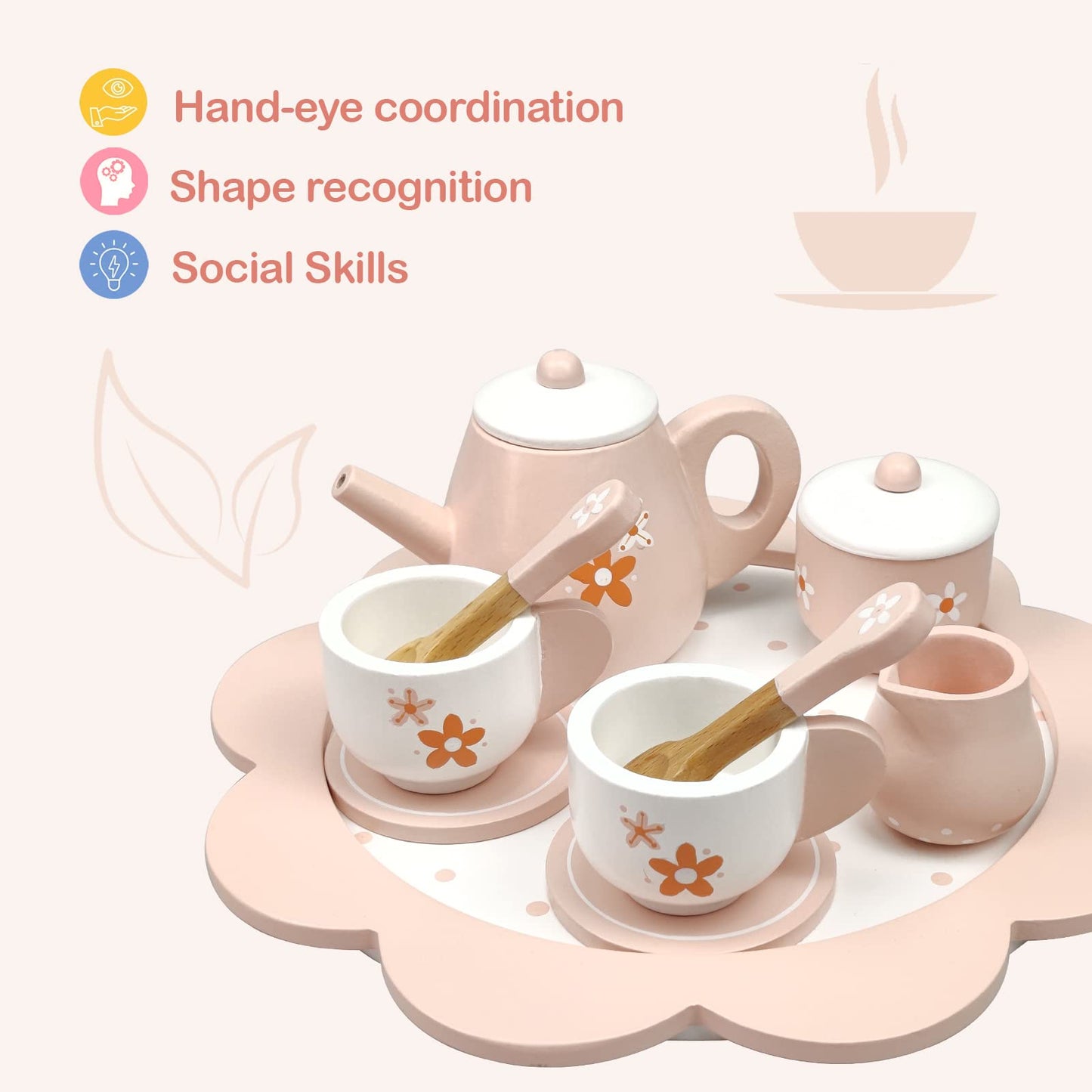 Wooden Afternoon Tea Set Toys for Toddlers Realistic Teapot Cups Carrying Tray Scoops Pretend Play Learning Role Play 12 pcs Pin