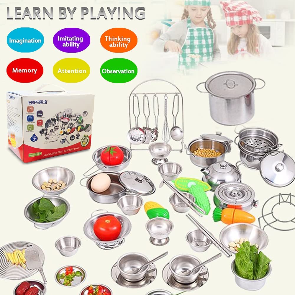 Mini Kitchen Pretend Play Accessories ,Tiny Size Stainless Steel Cookware Set with Portable Storage Box,Cooking Utensils,Play Po