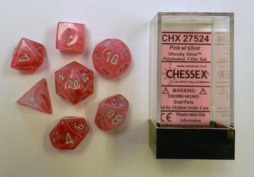 Chessex CHX27524 Dice-Ghostly Glow 7Pc Set, Pink/Silver, Large (18mm - 25mm)
