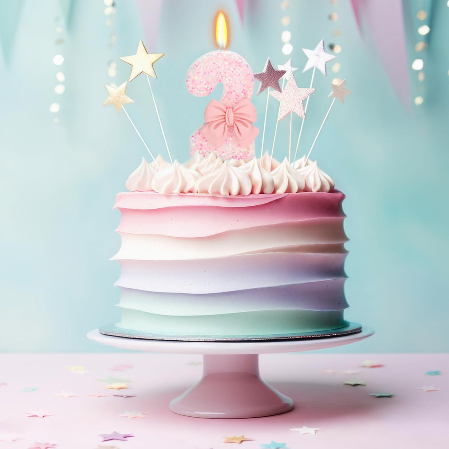 ElekFX Birthday Candle for Cake, 2 Candle - Pink Glitter with Bowknot, 2.76 inch Happy Birthday Candle, Cake Topper Decoration f